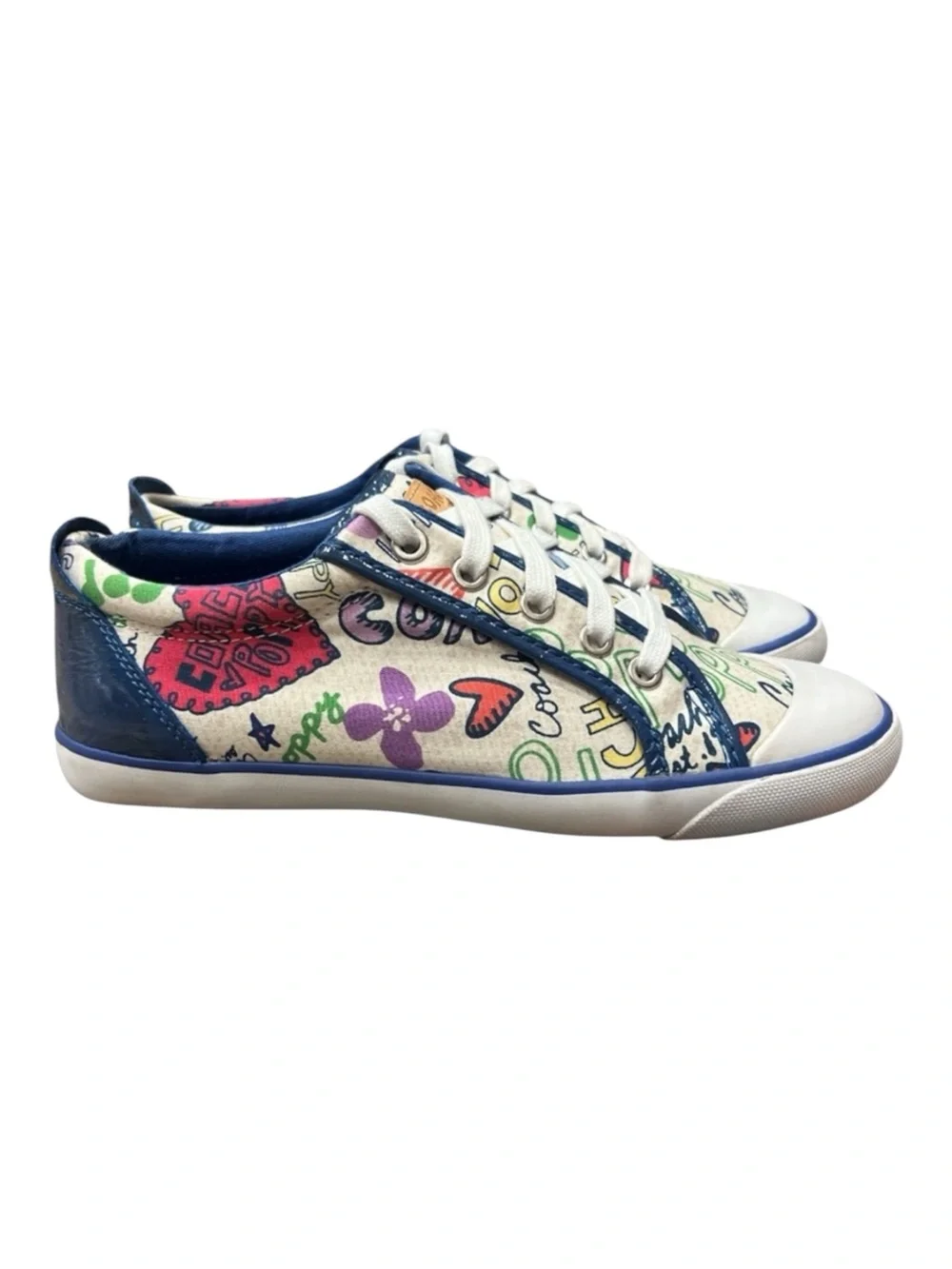 Coach Barrett Poppy Floral canvas sneakers with a blue and white graffiti SZ 8.5